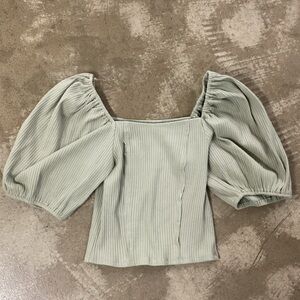 Elegant Puff Sleeve Ribbed Blouse - Light Green